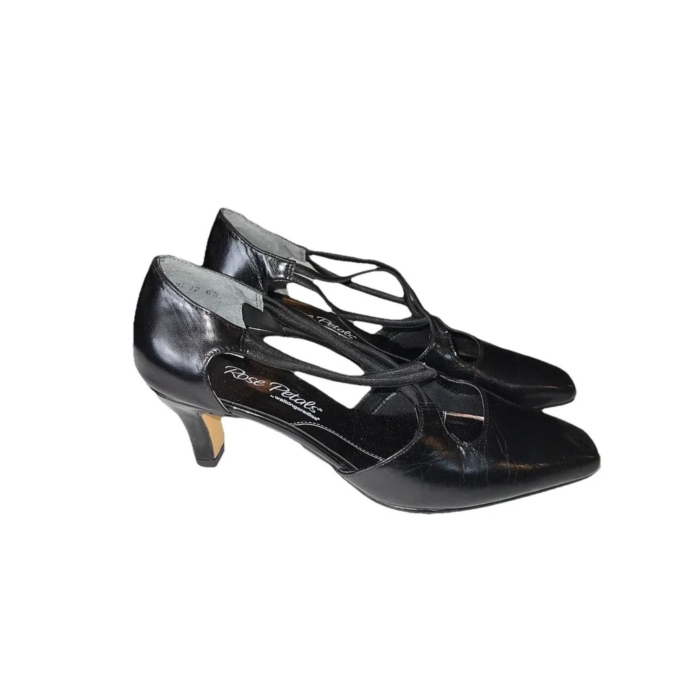 Rose Petals Black Leather Strappy Heels Size 6M EUC Vintage Aesthetic Pumps